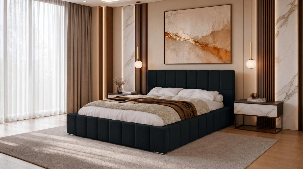 POLSTERBETT 140x200 cm, Alma, Doppelbett mit Bettkasten, Lattenrost aus Holz, Velourstoff, Schwarz - Schwarz, Holz/Textil (140/200cm) - Marpur