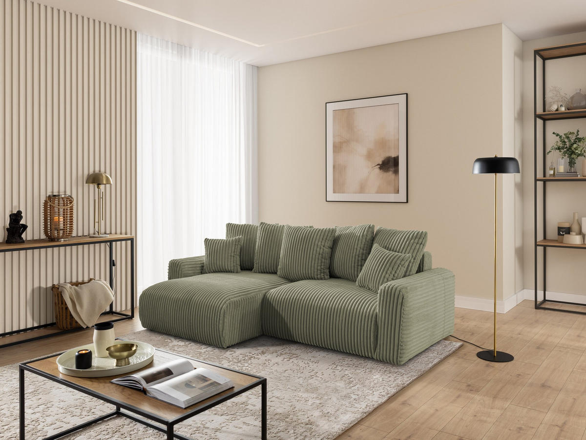 ECKSOFA Calma mit Schlaffunktion und Bettkasten im Bumpy-Design aus weichem Olive Plüschcord - Ottomane links - Schwarz/Grün, Holz/Kunststoff (239/140cm) - S-Style