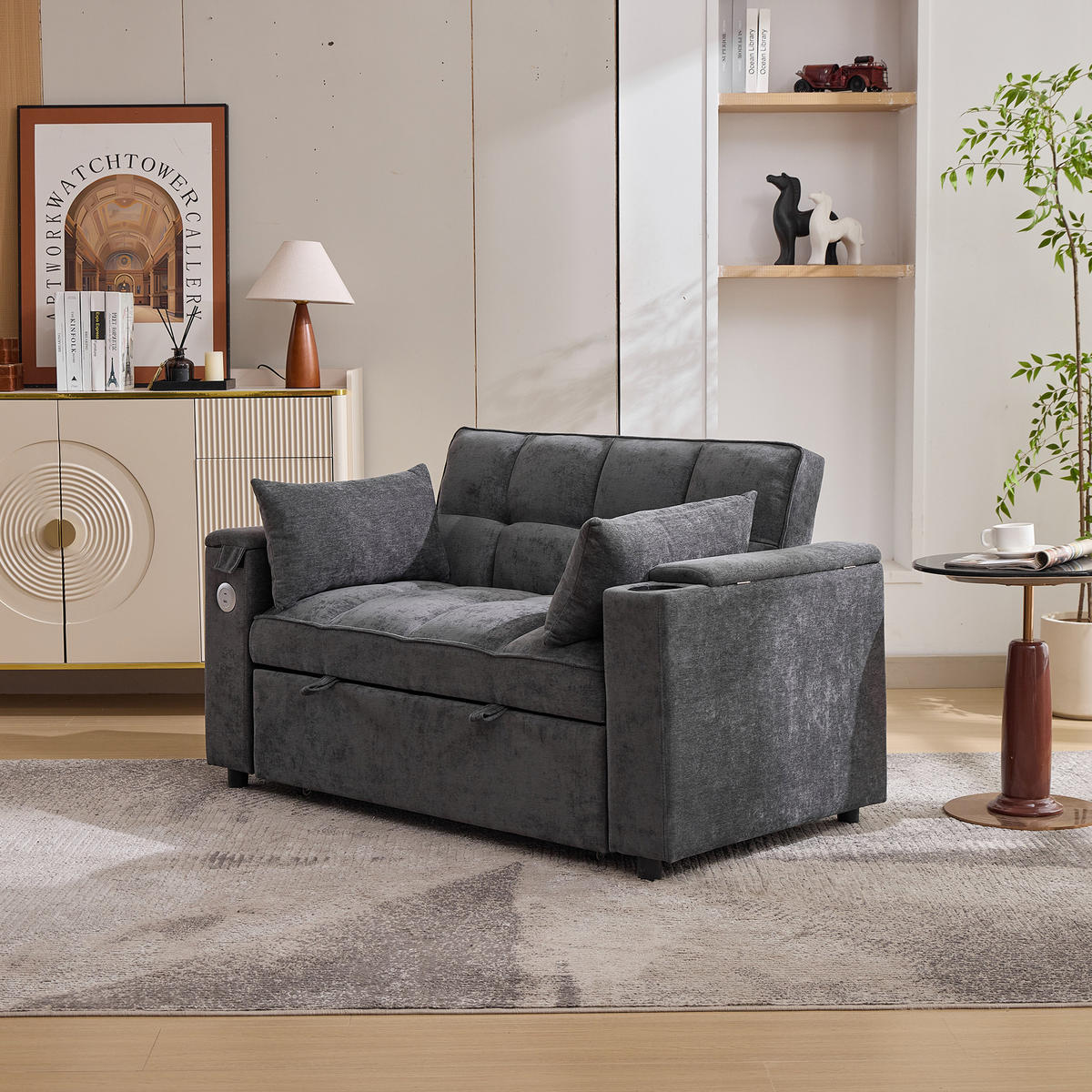 SCHLAFSOFA 140.5/74/82 cm Grau mit USB-Anschluss, verstecktem Tisch und Getränkehalter - Grau, Textil (140.5/82/74cm) - Oxeza