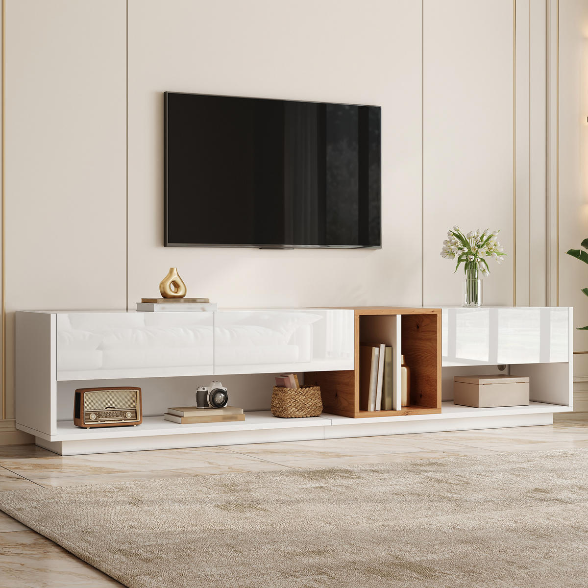 TV-LOWBOARD 190 x 38 x 42 cm, Hochglanztüren, LED, offener Stauraum, Weiß - Weiß, Holzwerkstoff (190/42/38cm)