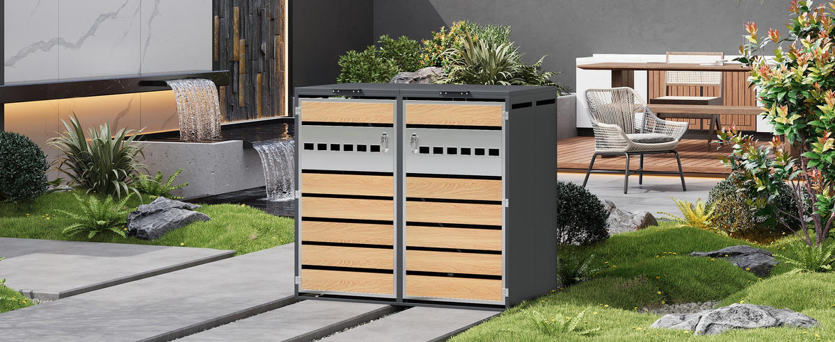 MÜLLTONNENBOX Klappdeckel 2 Türen - Grau, Metall (132/118.5/80cm) - LEBENLANG