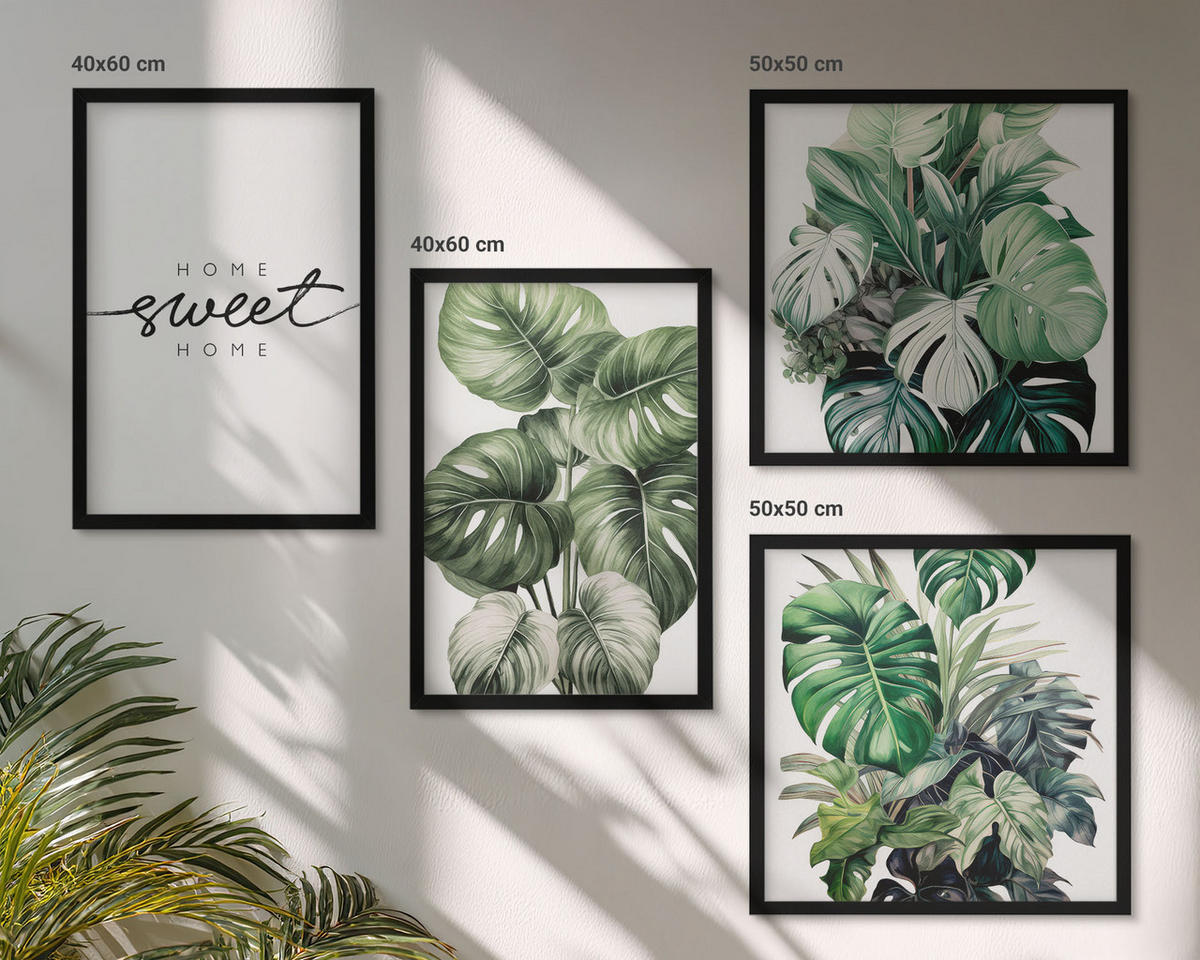 BILDER SET 4er Set - 50x50 cm & 40x60 cm Schwarzer Rahmen - Sweet Home Green Plants - Schwarz, Kunststoff (50/50cm) - TULUP