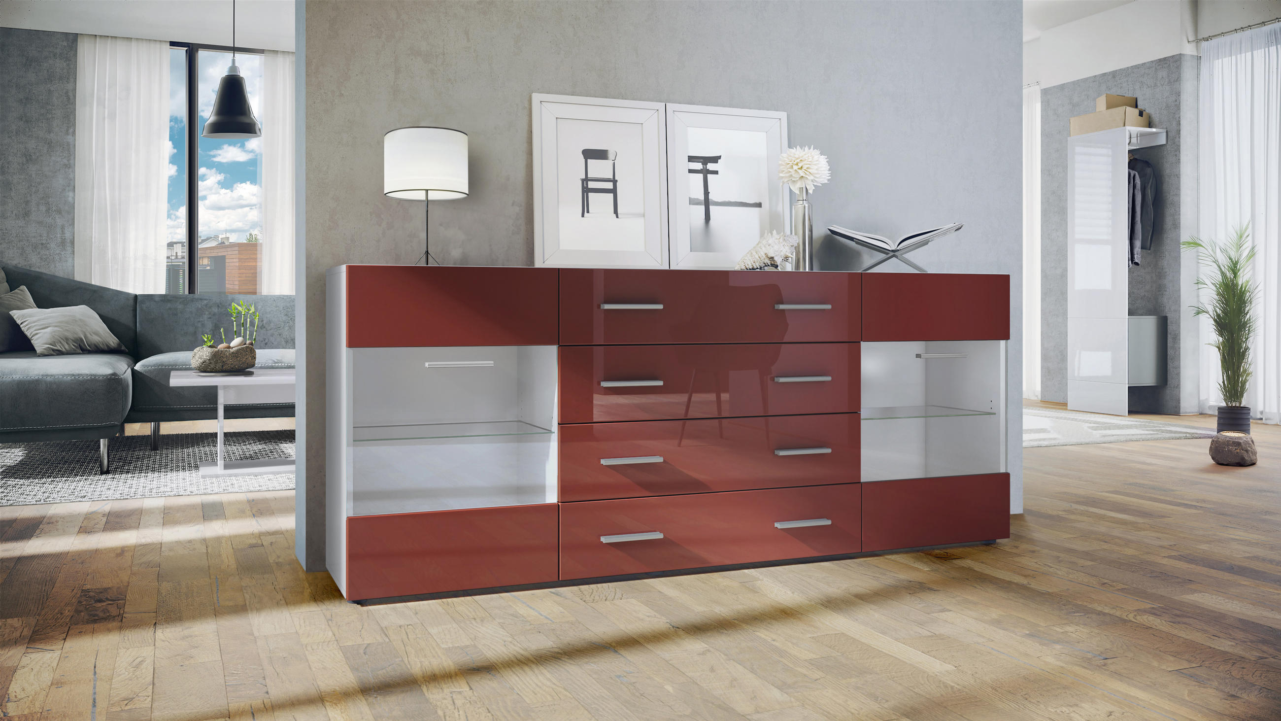 SIDEBOARD Carlos Bordeaux Hochglanz - Bordeaux, Holzwerkstoff (166/72/35cm) - Vladon