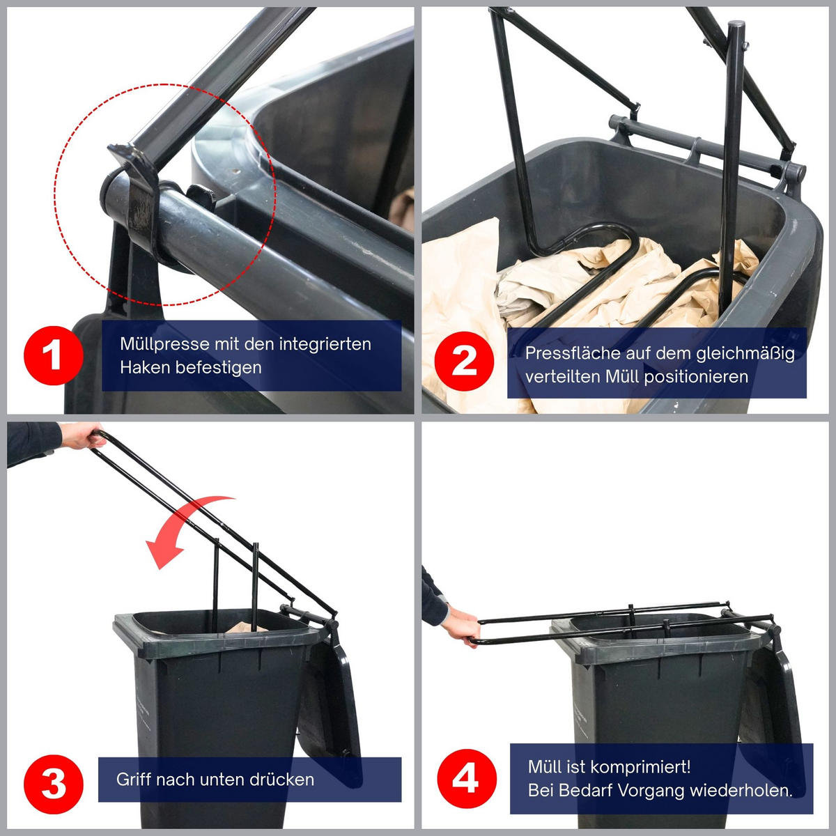 MÜLLPRESSE Pressforce manuell für 60 bis 240 Liter Mülltonne - Schwarz, Metall (102/79/39cm) - PROREGAL