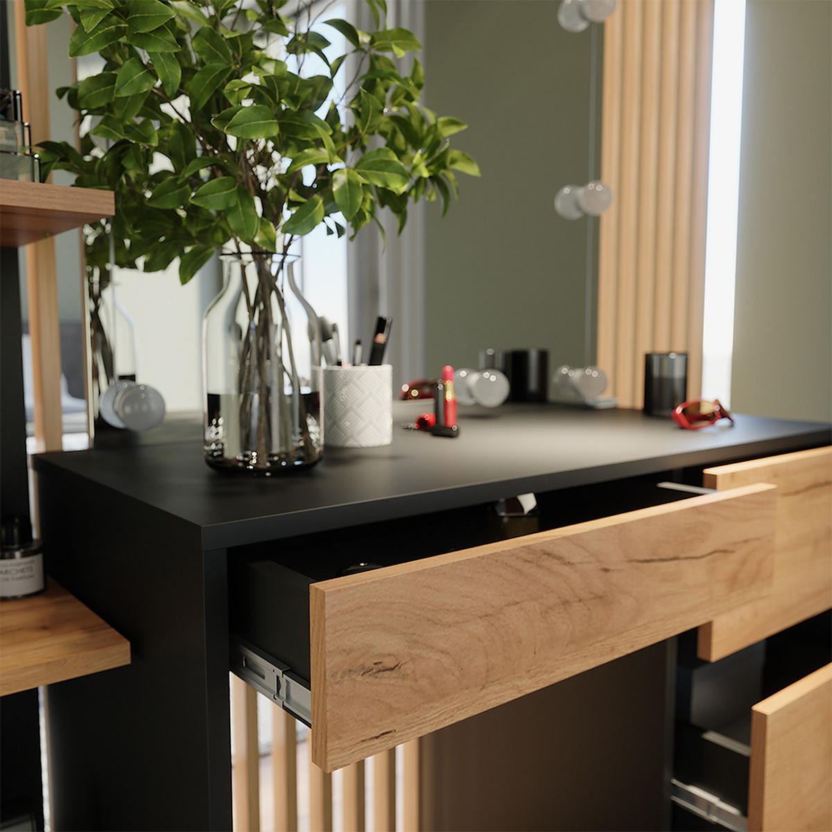 SCHMINKTISCH Sherry Anthrazit/Goldkraft Eiche 90 x 75 cm mit Spiegel & LED-Beleuchtung - Honigeiche/Anthrazit, Holzwerkstoff (90/75/40cm) - Vicco