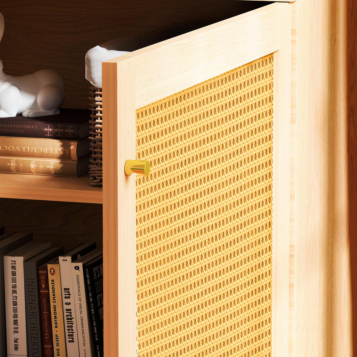 SIDEBOARD in Naturfarben Aufbewahrungsschrank aus Korbgeflecht für Wohnzimmer, B60/T40/H63cm - Goldfarben/Naturfarben, Holzwerkstoff/Metall (60/63/40cm) - STILVORA