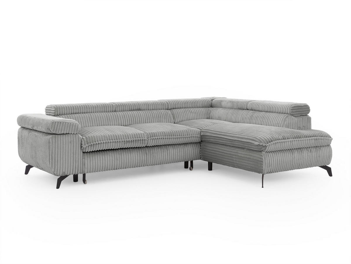 ECKSOFA mit Schlaffunktion und Bettkasten Bonnie aus Hellgrau Cord-Stoff mit verstellbaren Kopfstützen und Armlehne - Ottomane rechts - Hellgrau/Schwarz, Holz/Textil (275/210cm) - S-Style Möbel