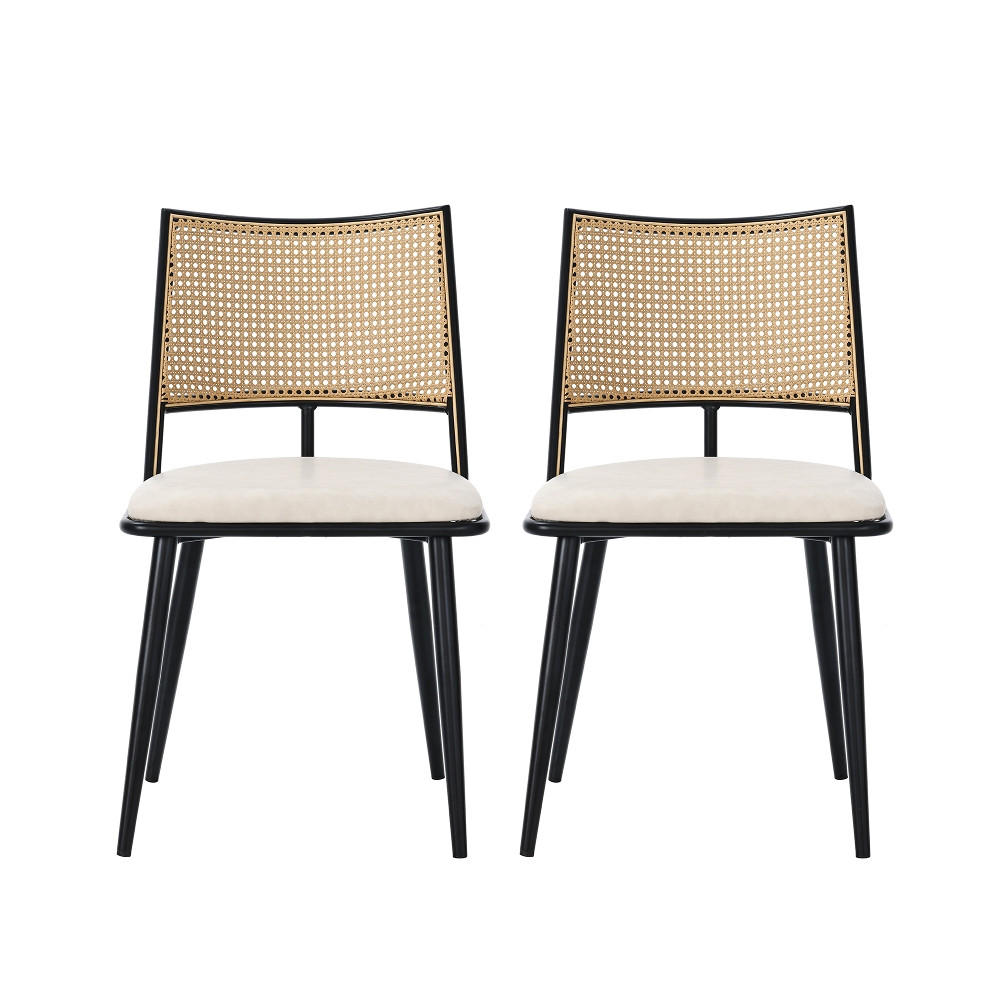 VIERFUSSSTUHL 2er-Set Esszimmerstühle, RATTAN RÜCKENLEHNE, PU-Sitz, Metallgestell, Schwarz, für Esszimmer und Wohnzimmer - Schwarz, Textil (48/47/80cm) - Rolipo