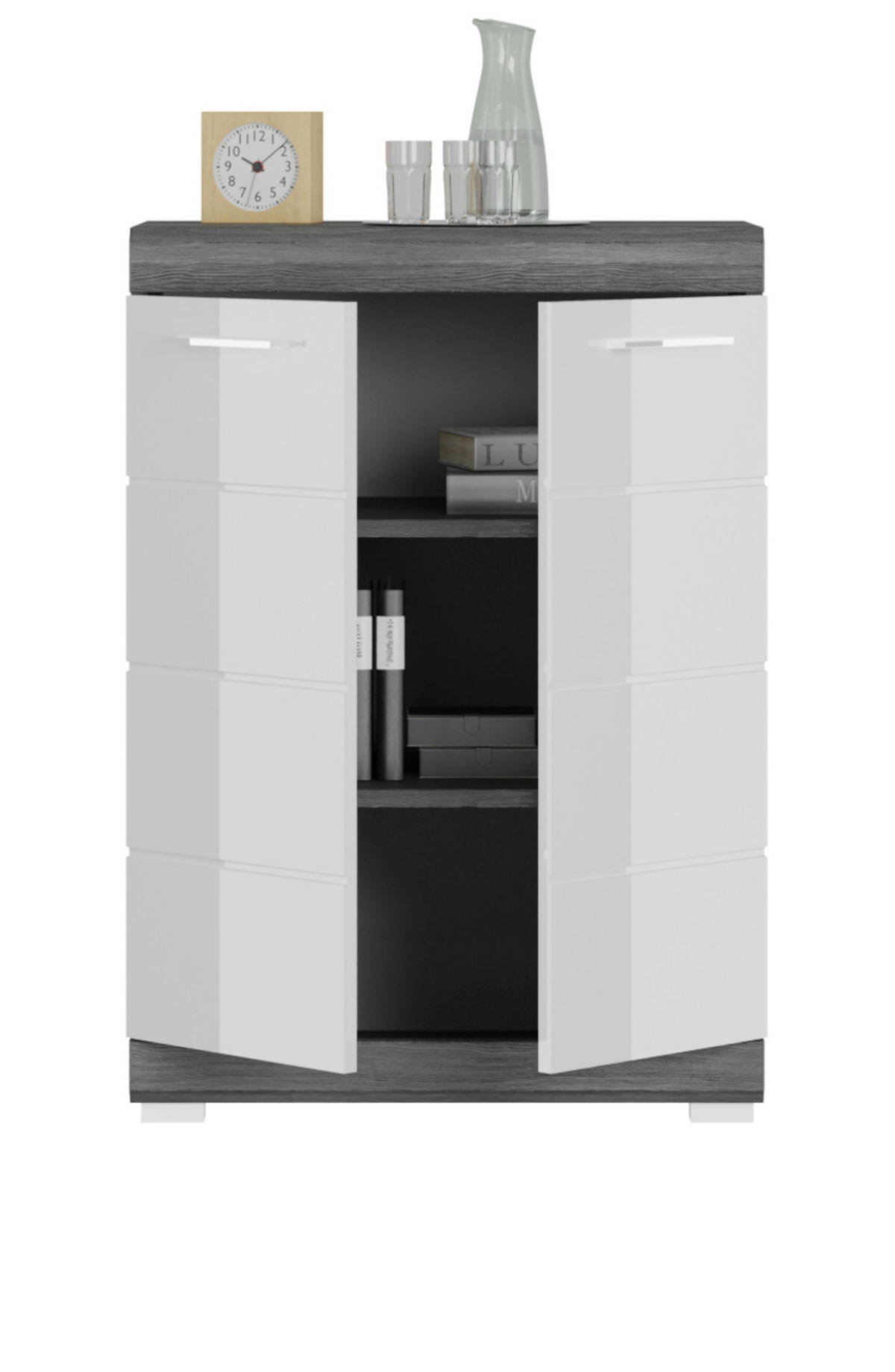 KOMMODE weiß Hochglanz, Rauchsilber grau 60 x 85 cm, 2-türig - Weiß Hochglanz/Silberfarben, Holzwerkstoff/Kunststoff (60/85/37cm) - Inn.Furn