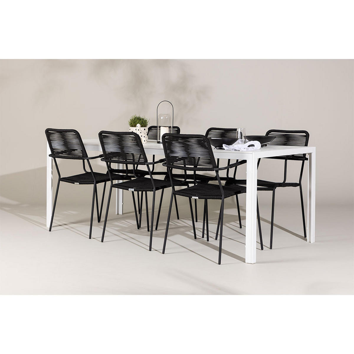 GARTENSET, Break, Tisch Weiß, Stühle Schwarz, Metall / Polyester, 90 x 205 x 75 cm, 7-teilig - Weiß, Metall - ebuy24