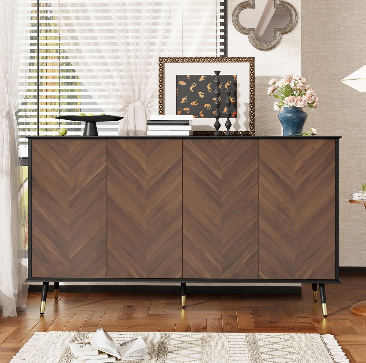 SIDEBOARD 140/40/80 cm Schwarz/Braun aus MDF mit Fischgrätmuster - Schwarz, Holzwerkstoff (40/80/140cm) - OKMYHOME