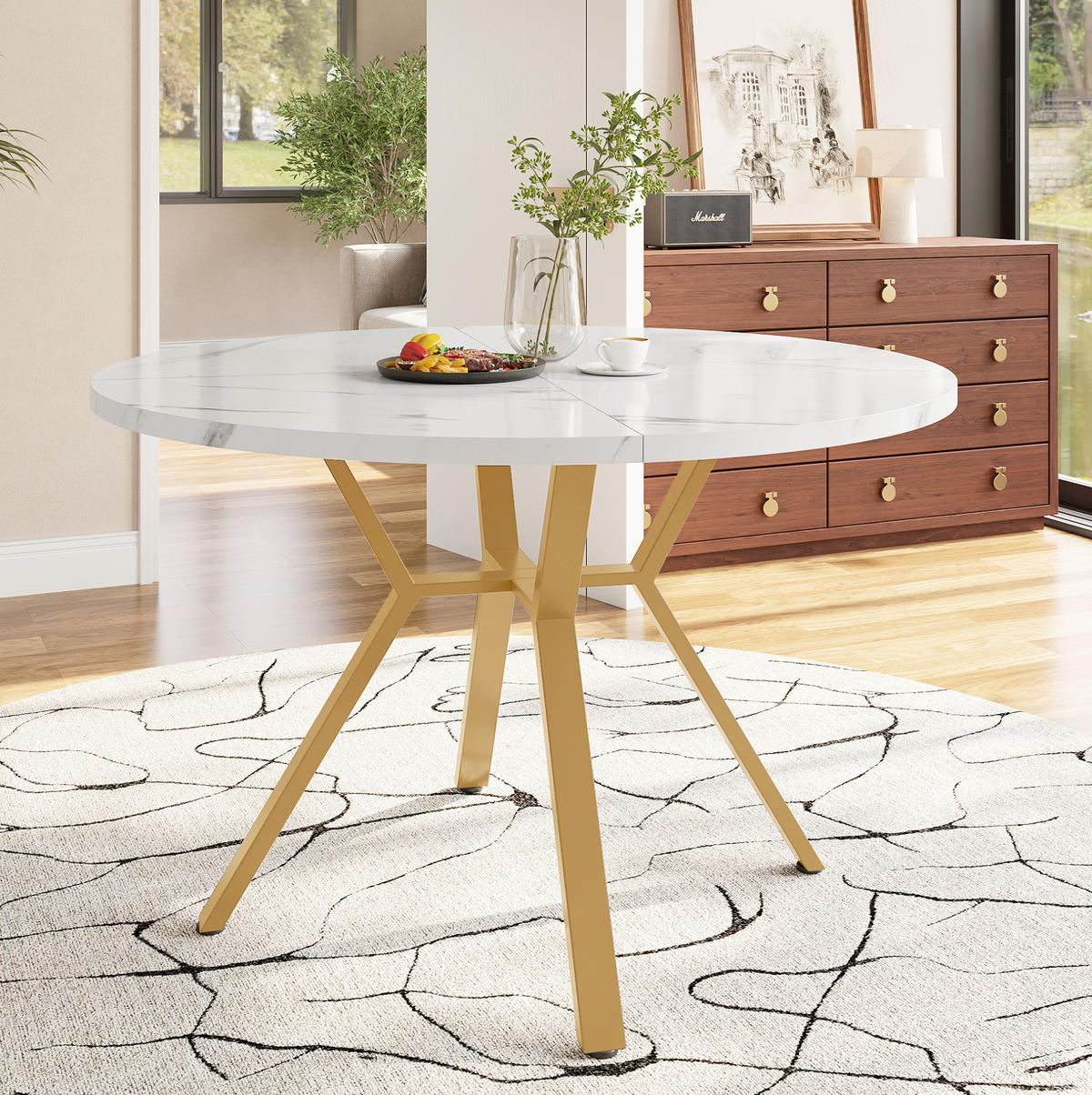 ESSTISCH 100x100x75 cm in Weiß und Gold aus MDF mit Marmoroptik auf goldenem X-Gestell - Goldfarben, Holzwerkstoff (100/100/75cm) - Modfu