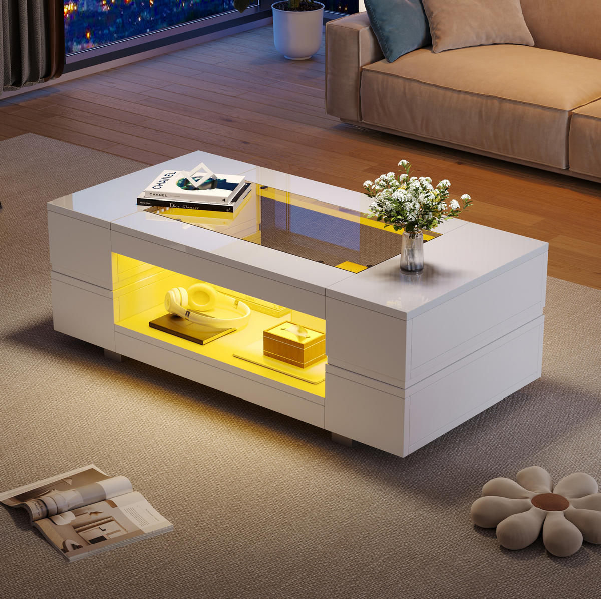 KONFERENČNÍ stolek 100/50/35 cm bílý z dřevotřísky s LED osvětlením a skleněnou deskou - bílá, kompozitní dřevo (100/50/35cm) - OKWISH