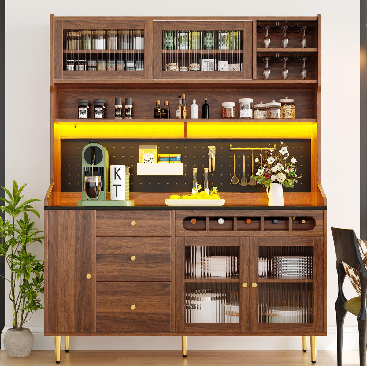 BUFFET 145/39/171 cm aus MDF und Glas mit LED-Beleuchtung und Weinregal Walnussfarben - Walnussfarben, Holzwerkstoff (145/171/39cm) - Modenvie