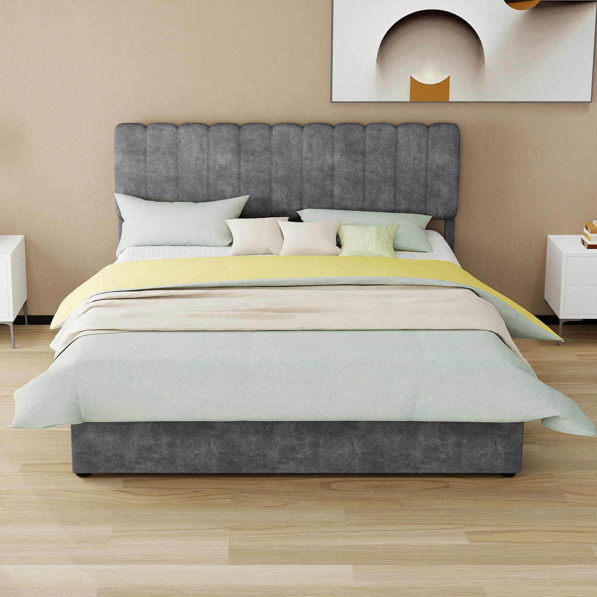 POLSTERBETT 160x200 cm in Grau mit hohem Kopfteil und Matratze - Grau, Textil (160/200cm) - IVMEU