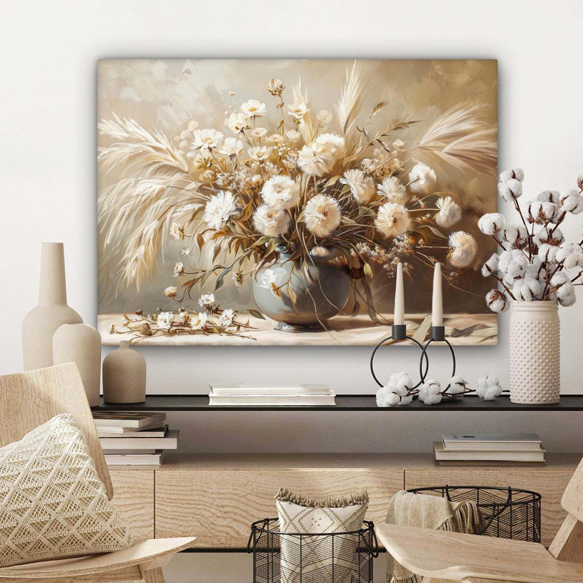 LEINWANDBILD Blumen - Vase - Stilleben - Beige Wandbilder 80x60 cm - Creme, Textil (80/60cm) - MuchoWow