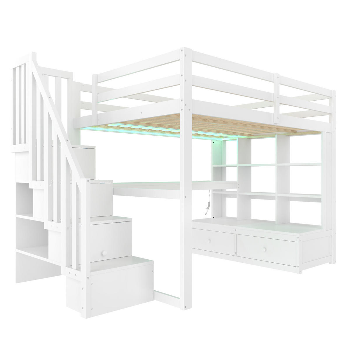 HOCHBETT 140/200 cm mit Schreibtisch, Regalen, Stauraumtreppe, 2 Schubladen und LED-Beleuchtung, Weiß - Weiß, Holzwerkstoff (140/200cm) - Redom
