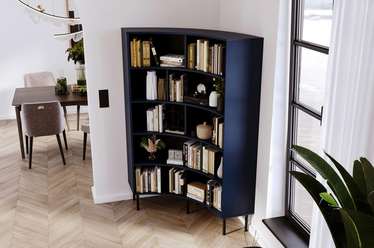 BÜCHERREGAL Horn, Marinblau, Bogenform, 10 Fächern - Schwarz/Dunkelblau, Holzwerkstoff/Metall (100/181/32cm) - Skandica