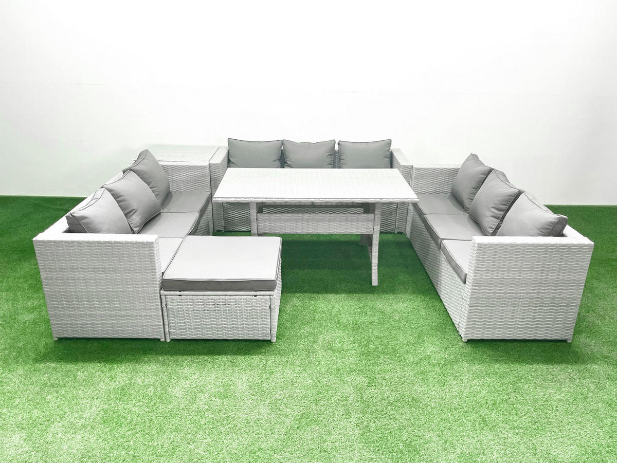 GARTENSET mit Esstisch,Sofa ,Beistelltisch,Großer Fußhocker Polyrattan Hellgrau 10-Sitzer - Hellgrau/Grau, Glas/Kunststoff - Fimous