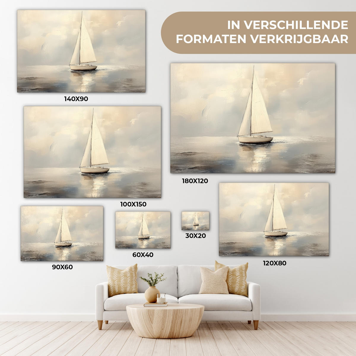 LEINWANDBILD Segelschiff - Meer - Bewölkt Wohnzimmer Groß 120x80 cm - Creme, Textil (120/80cm) - MuchoWow