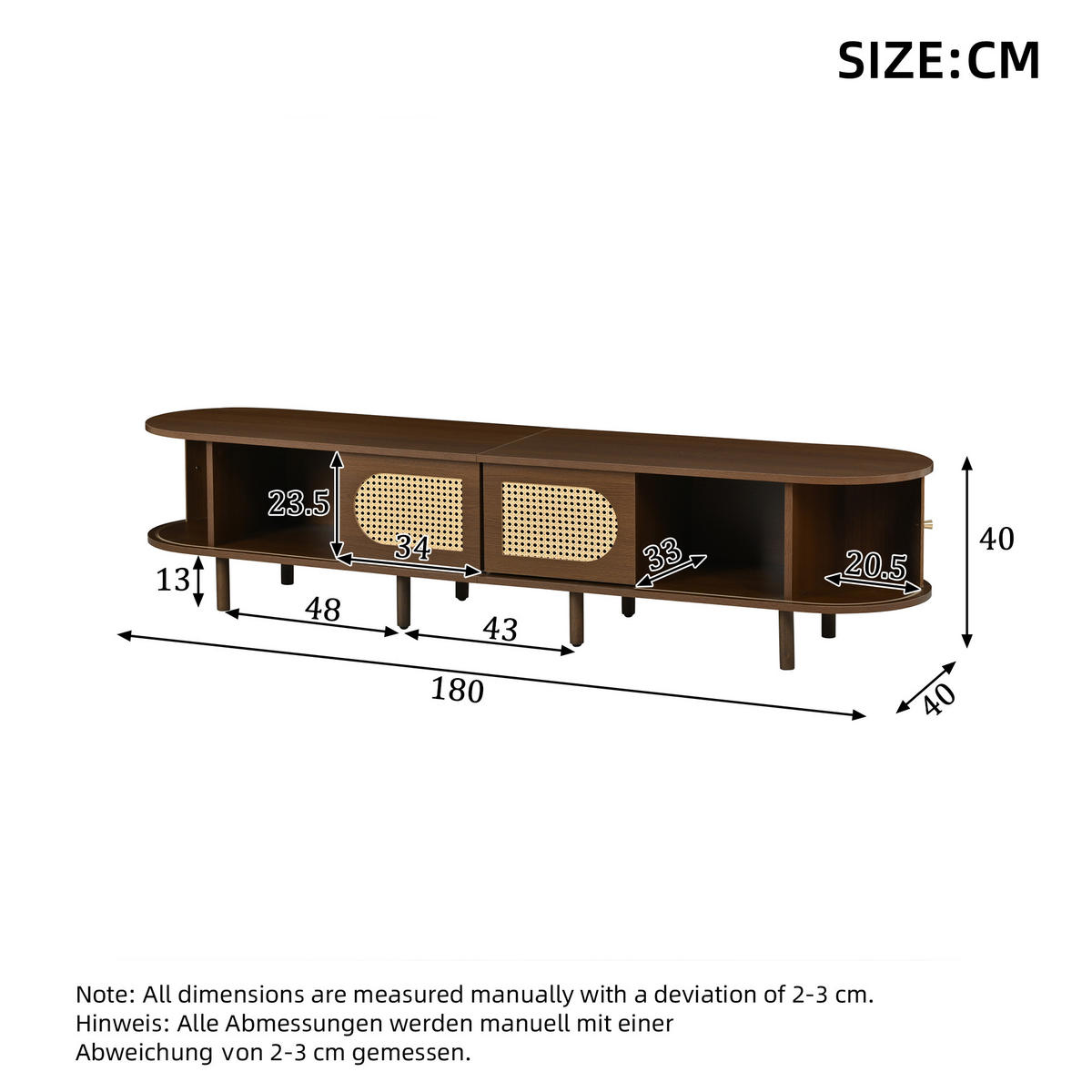 TV-SCHRANK Oval Lowboard Nussbaum Rattan 180cm Modern - Eichefarben, Holzwerkstoff (180/40/40cm) - FLIEKS
