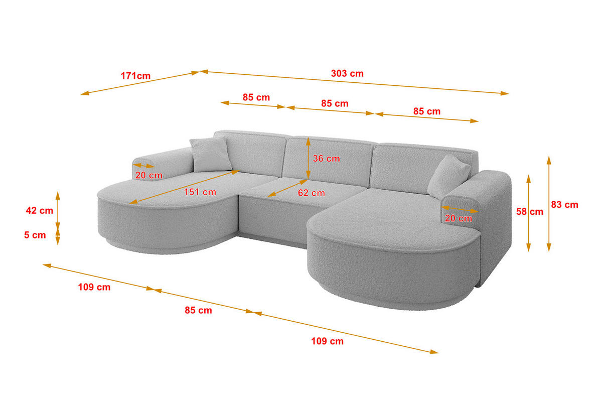 WOHNLANDSCHAFT MARI-U1-v3 - 303x171x83 cm Hellgrau Bouclé - Hellgrau/Schwarz, Holzwerkstoff/Kunststoff (303/83/171cm) - ALTDECOR
