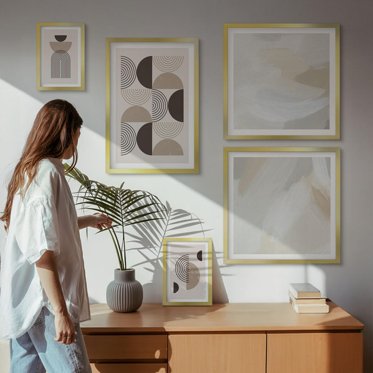 BILDER SET 5er Set - 50x50 cm & 20x30 cm & 40x60 cm Goldrahmen - Abstrakte geometrische Muster - Goldfarben, Kunststoff (40/60cm) - TULUP