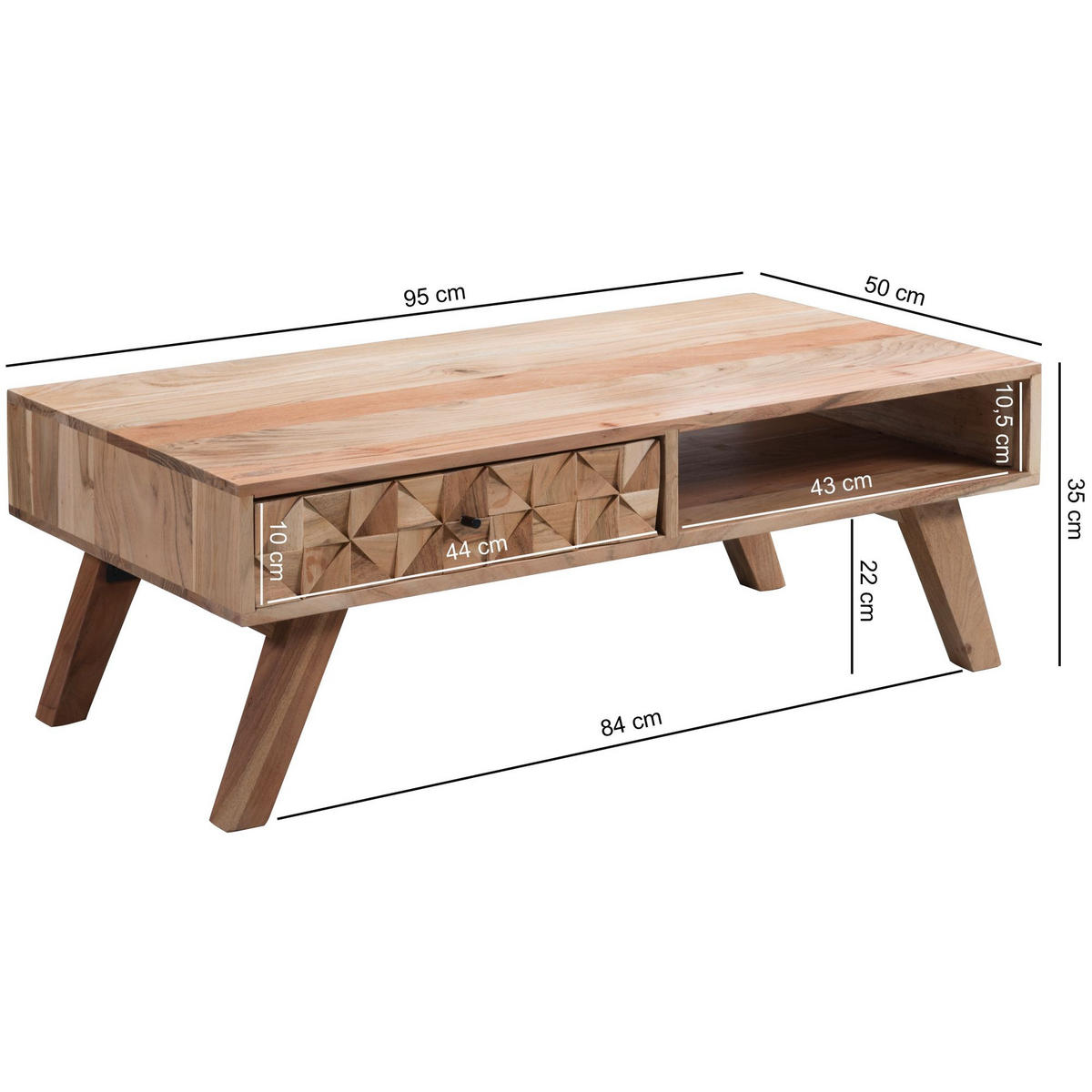 COUCHTISCH Landhausstil Massivholz mit Schublade und Ablagefach, Maße 95x35x50 cm - Beige, Akazienholz/Holz (50/95/35cm) - KADIMA DESIGN