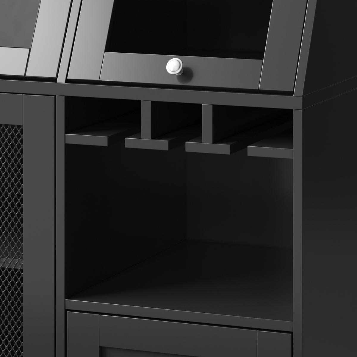 HIGHBOARD in Schwarz Anrichte mit USB-Anschluss, LED und Glastüren, B120/T40/H181.7cm - Schwarz/Naturfarben, Holzwerkstoff (120/181.7/40cm) - STILVORA
