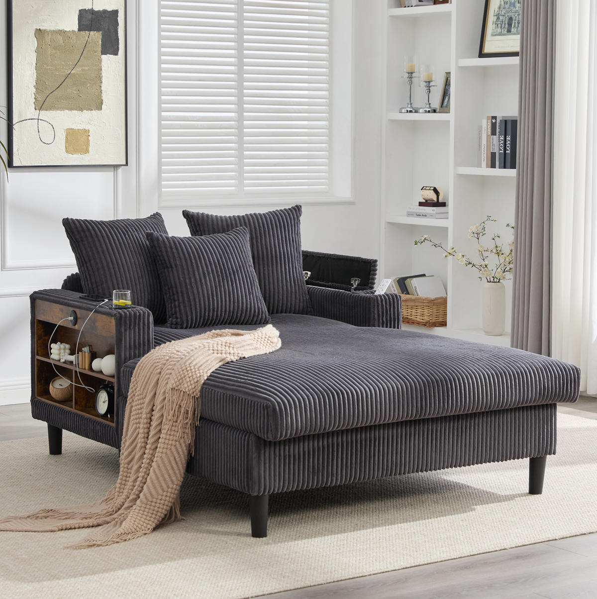 CHAISELONGUE 170/129/70 cm mit LED-Beleuchtung, USB-Anschluss, Stauraum und 2 Becherhaltern, Dunkelgrau - Dunkelgrau, Textil (170/70/129cm) - Redom
