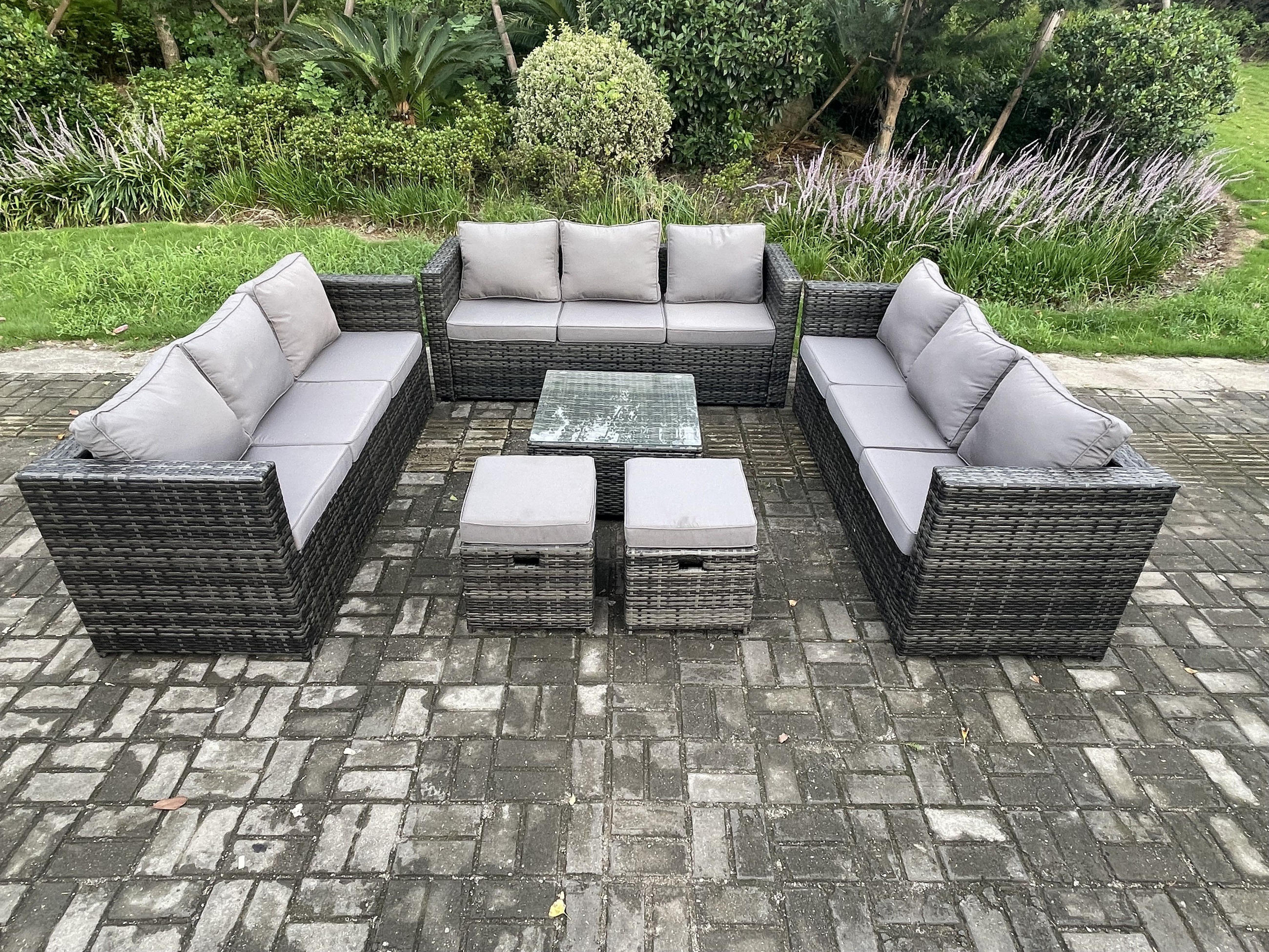 GARTENTISCHGRUPPE Polyrattan Dunkelgrau 11-Sitzer - Dunkelgrau, Metall - Fimous