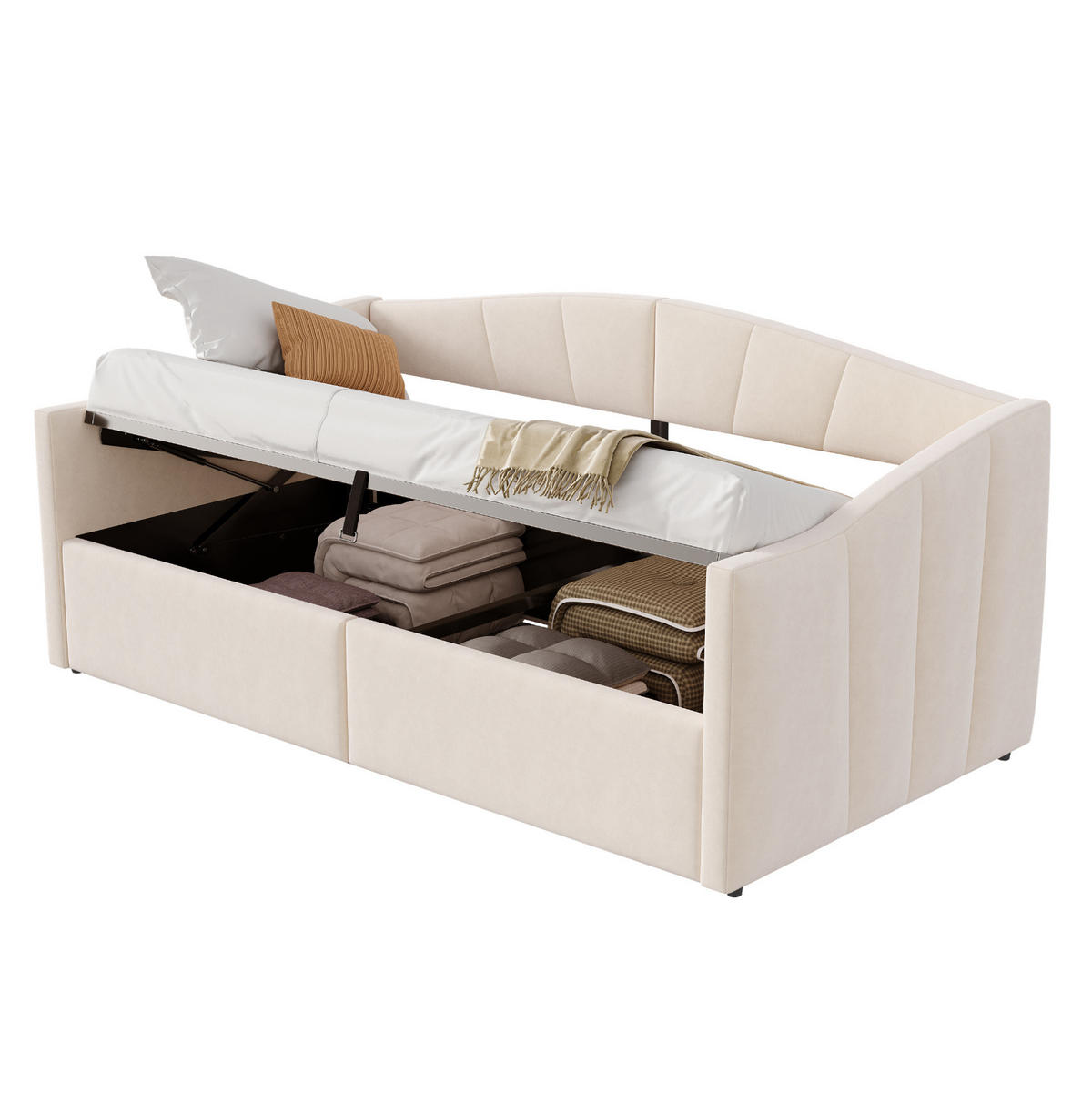 POLSTERBETT 90/200 cm Beige aus Samt mit Bettkasten und Armlehnen - Beige, Textil (90/200cm) - Flora Grace