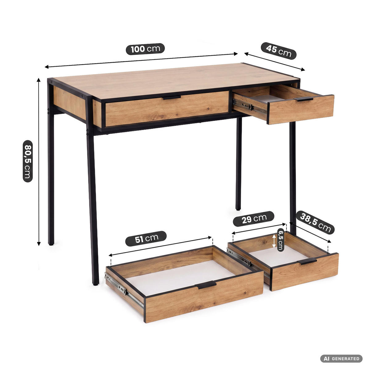 SCHREIBTISCH ZENTIA 100 cm Craft Eiche - Eichefarben/Schwarz, Holzwerkstoff (100/45/80.5cm) - Akord