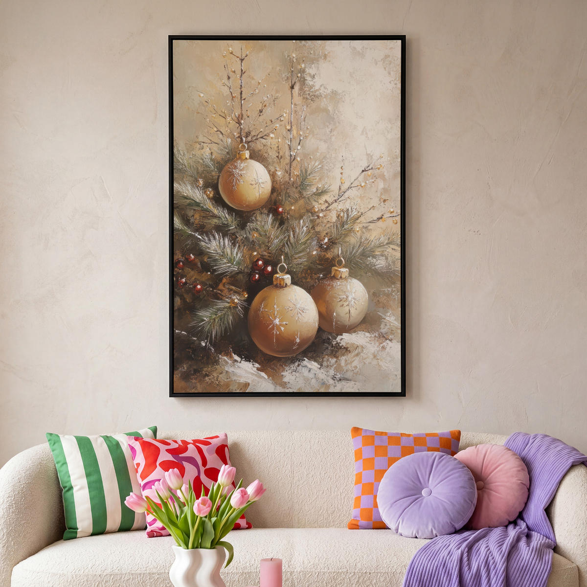 LEINWAND Bilder mit Rahmen - Weihnachten - Kugeln - Beige - Gold - 100x150 - Goldfarben, Textil (100/150cm) - MuchoWow