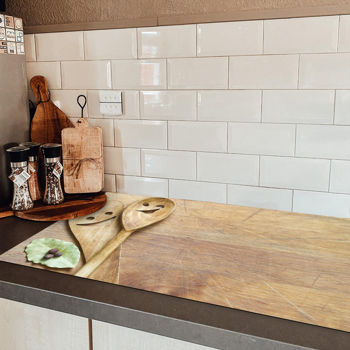 HERDABDECKPLATTE Holz - Löffel - Braun - Smiley 91x52 cm - Hellbraun, Kunststoff (91.6/52.7/0.2cm) - MuchoWow