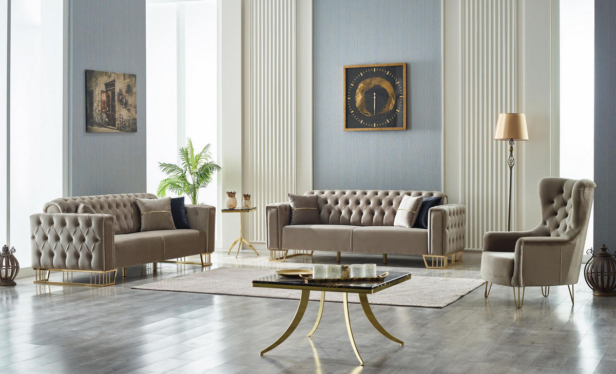 SITZGARNITUR Royce Beige Taupe Stellvariante:2+2+1 - Beige, Holz (180/85/90cm) - Villa Möbel