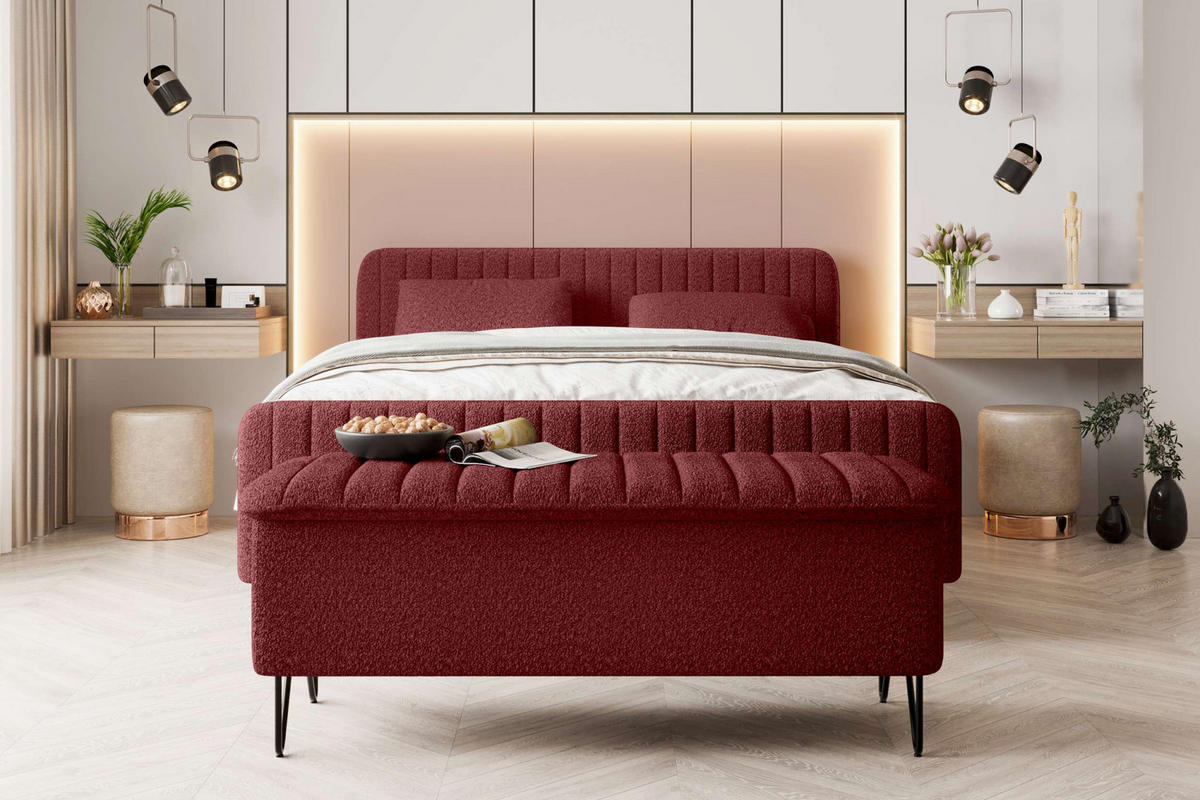 BOXSPRINGBETT LUCIO mit Hocker Bouclé-Stoff Rot 140/200 cm - Rot/Schwarz, Textil/Metall (140/200cm) - 99rooms