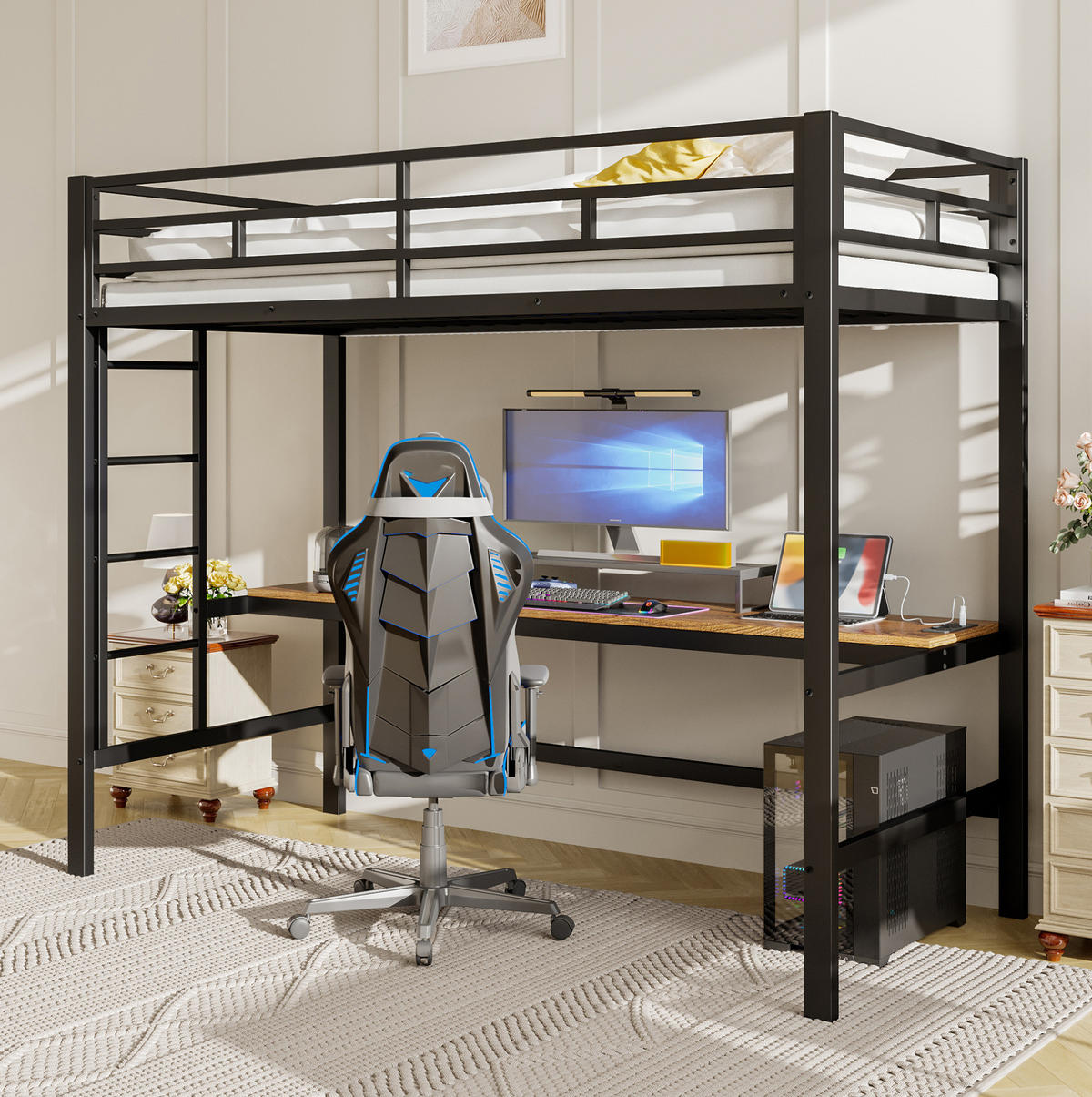 HOCHBETT 90/200 cm aus Metall mit Schreibtisch, LED-Beleuchtung und Anschlüssen - Schwarz, Metall (90/200cm) - Flora Grace