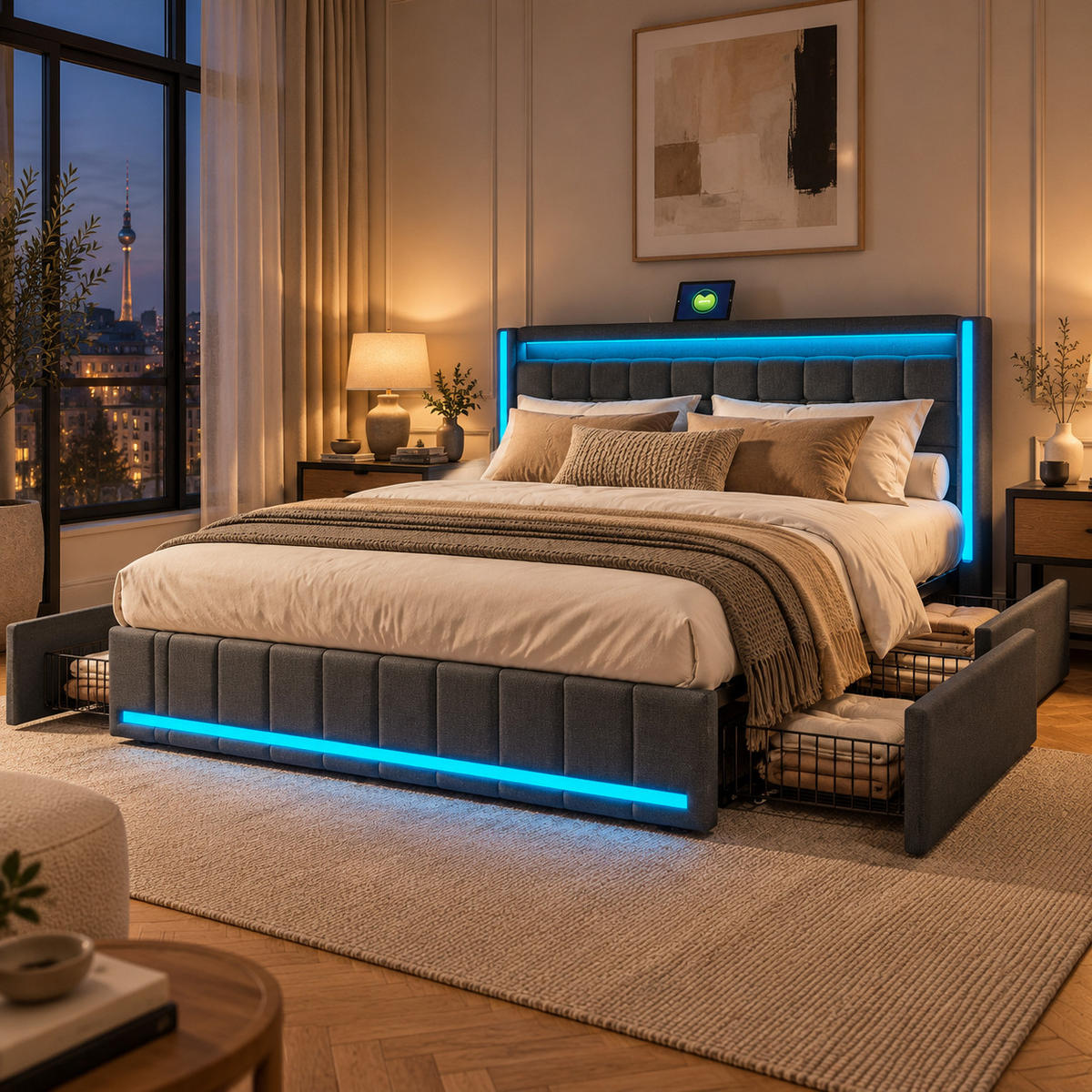 POLSTERBETT 140/200 mit RGB LED, 4 Stauraumschubladen, USB & Type C, App- und Fernbedienung, Bettgestell mit Lattenrost - Dunkelgrau, Holz/Metall (140/200cm) - Joyfair