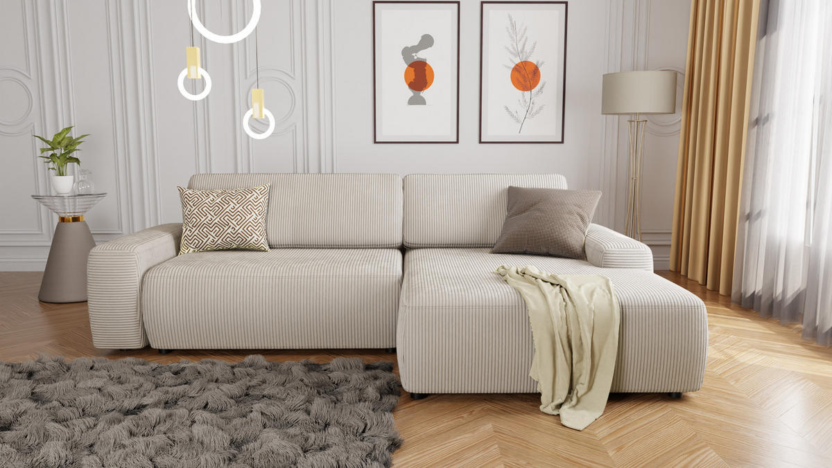 ECKSOFA Nancy Beige Cord - Beige/Schwarz, Holz/Kunststoff (264/162cm) - S-Style Möbel