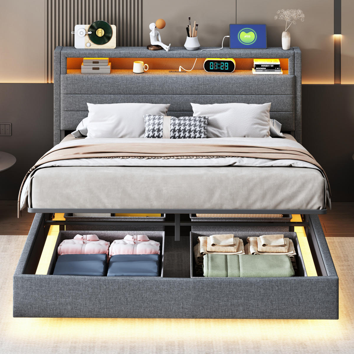 POLSTERBETT 140/200 cm mit LED-Beleuchtung, USB-Anschluss, drehbarem Kopfteil und hydraulischem Stauraum, Grau - Grau, Textil (140/200cm) - Redom