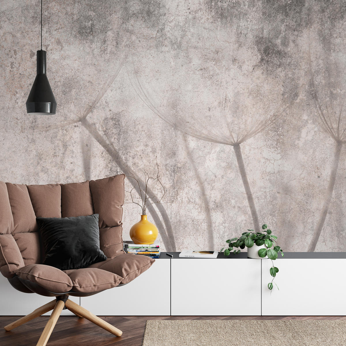 FOTOTAPETE für Schlafzimmer Retro Löwenzahn Beton Beige Minimalistisch 300x210 - Beige/Braun, Papier (300/210cm) - Muralo
