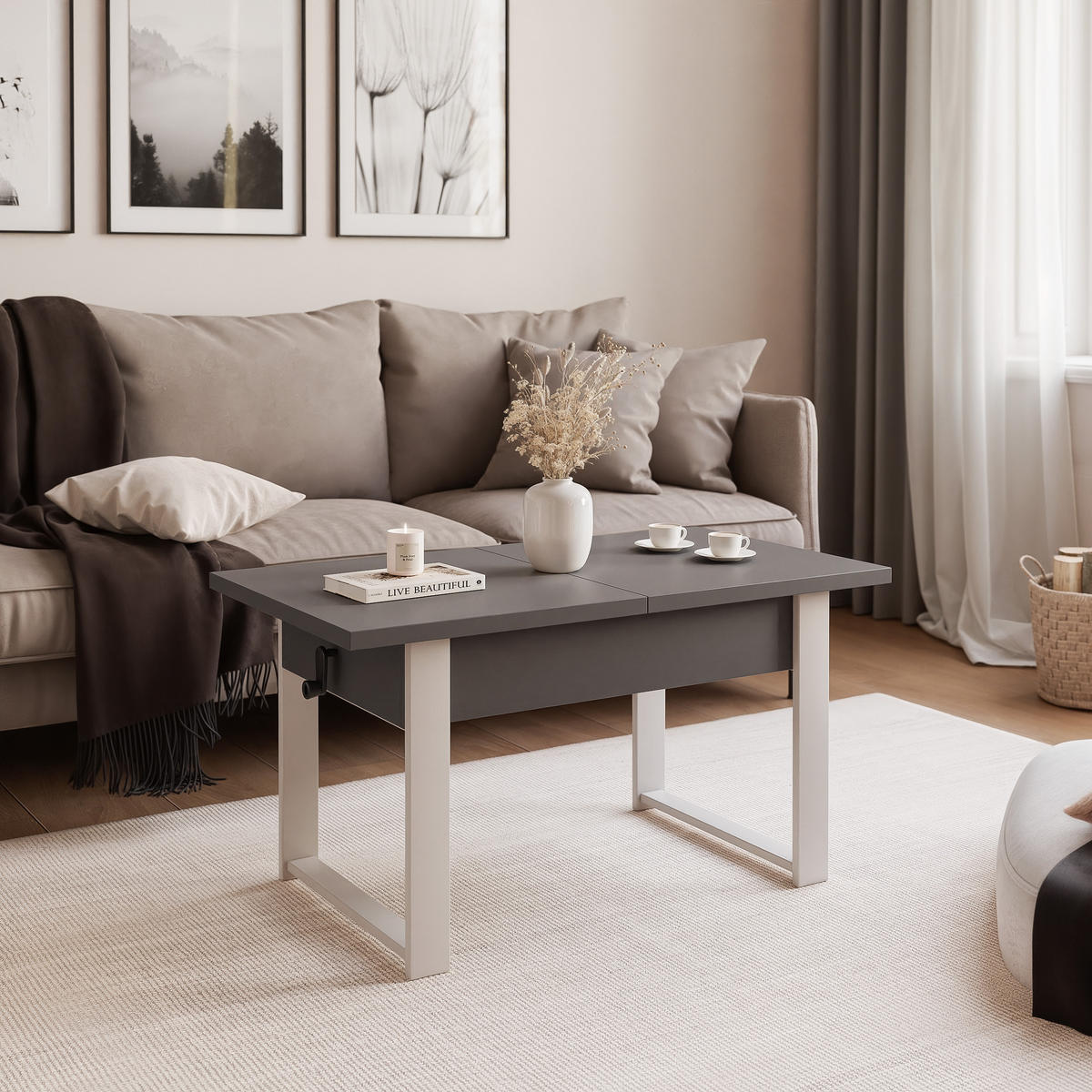 COUCHTISCH TIVOR Multifunktionalität 3-in-1 - Kaschmir/Dunkelgrau, Holzwerkstoff/Metall (67/120/63.5cm) - Idohome