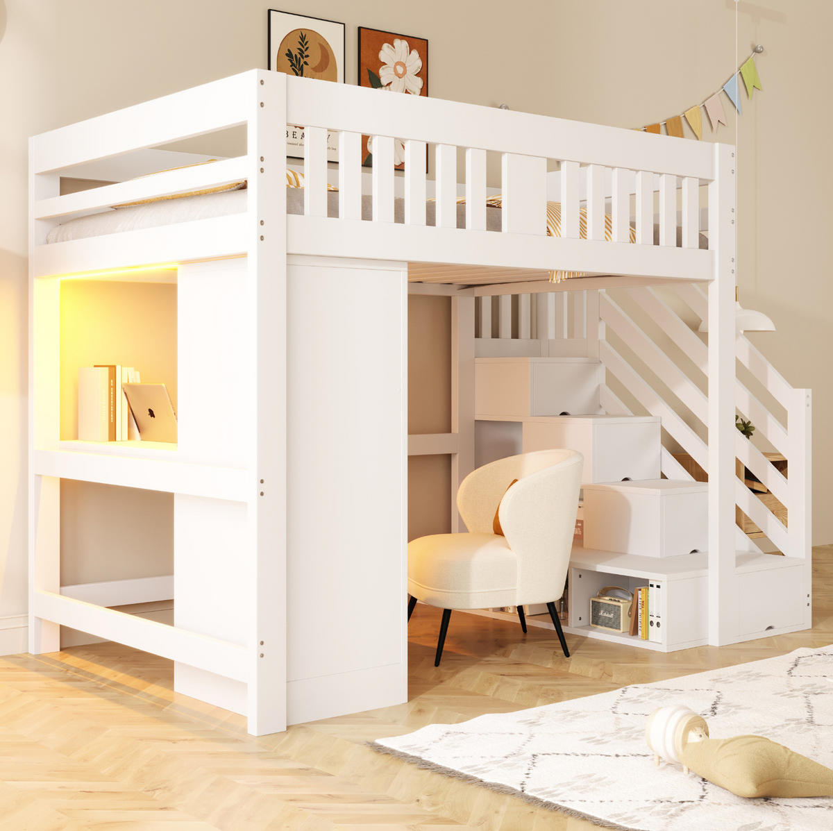 HOCHBETT 140/200 cm mit Stauraumtreppe, Kleiderschrank, Schreibtisch, LED-Beleuchtung und Bank, Weiß - Weiß, Holz (140/200cm) - Redom