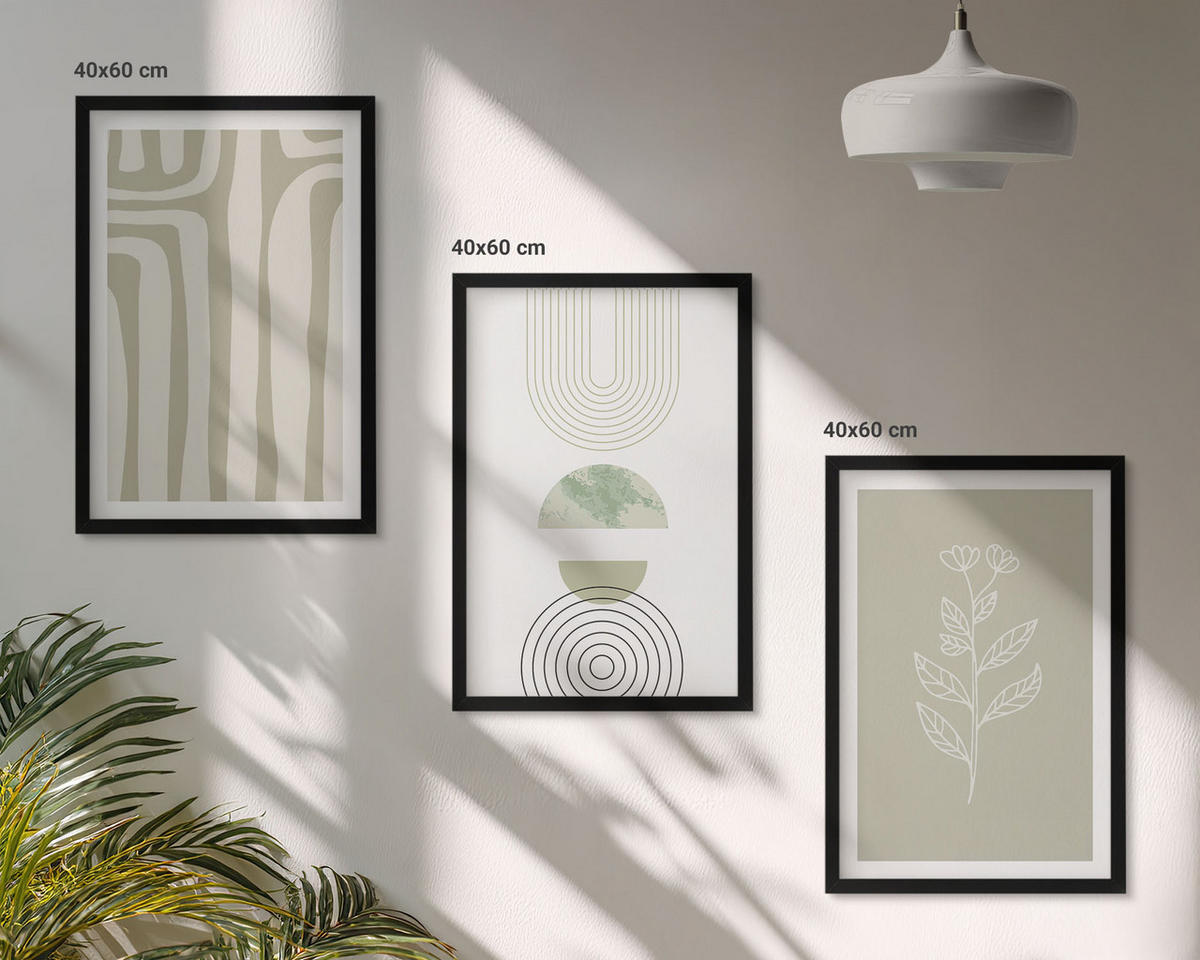 WANDBILDER 3er-Set - 40x60 cm Schwarzer Rahmen - Geometrische Pflanzenmuster - Schwarz, Kunststoff (40/60cm) - ArtPrintCave
