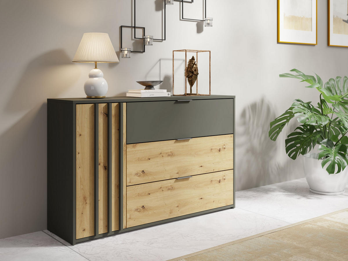 KOMMODE MERIDIAN 125/79,8/36,5cm mit 3 Schubladen 1 Türen Grau - Eichefarben/Grau, Holzwerkstoff (125/79.8/36.5cm) - MASSENO