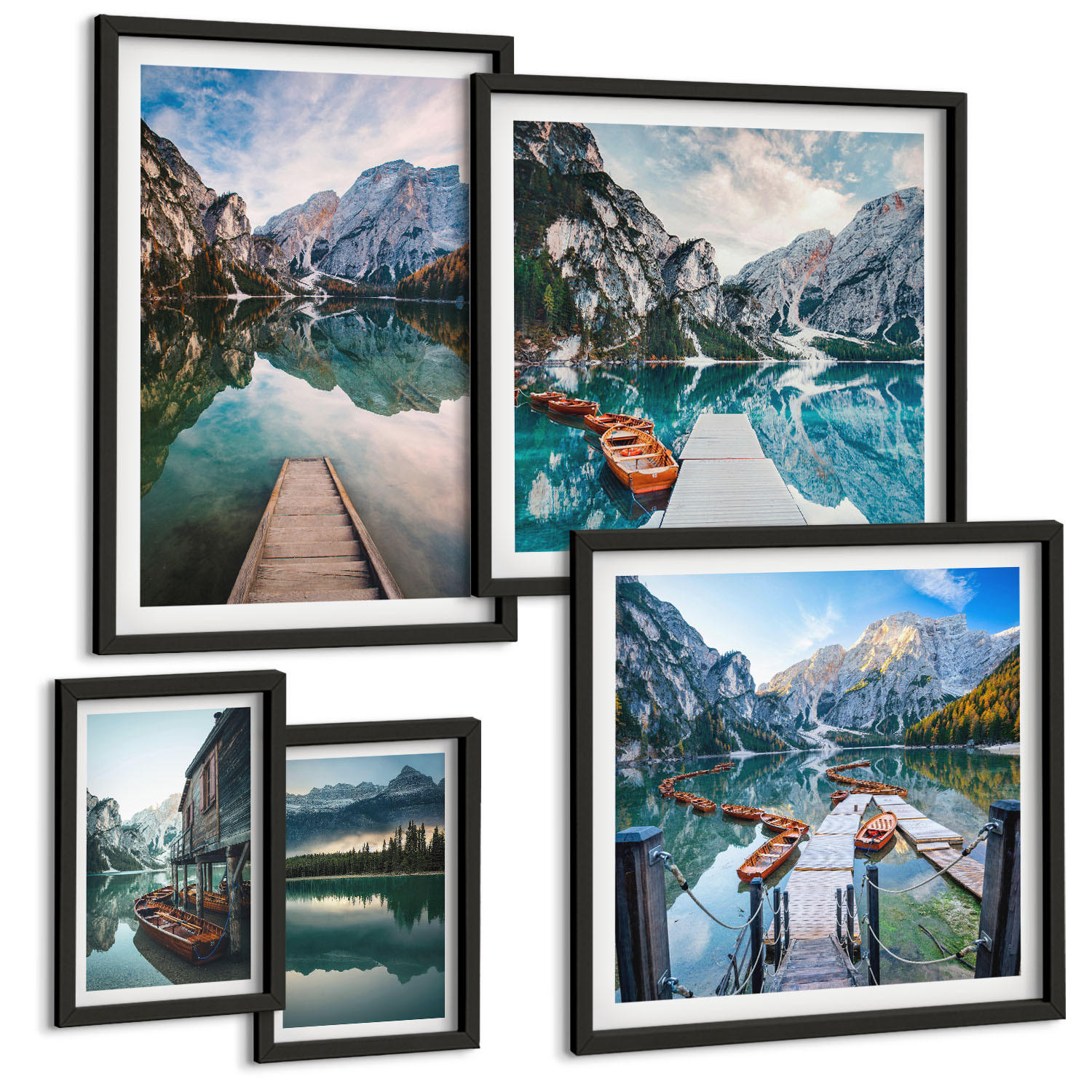BILDER SET 5er Set - 50x50 cm & 20x30 cm & 40x60 cm Schwarzer Rahmen - See Berge Holzboote - Schwarz, Kunststoff (40/60cm) - TULUP