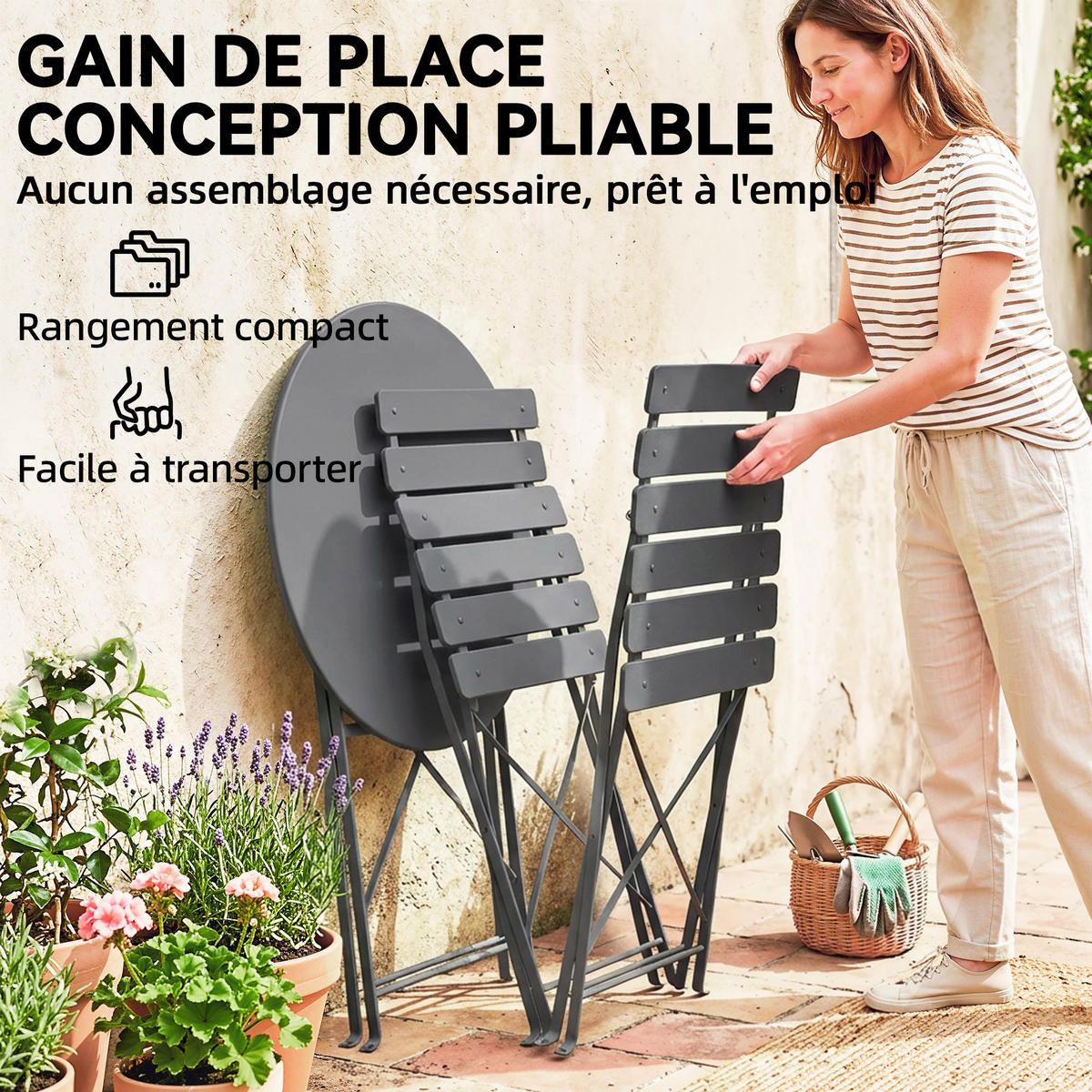 BALKONSET 3-teilig DE-14213 klappbar, doppelter Rostschutz Grau - Grau, Metall - ComfortXL