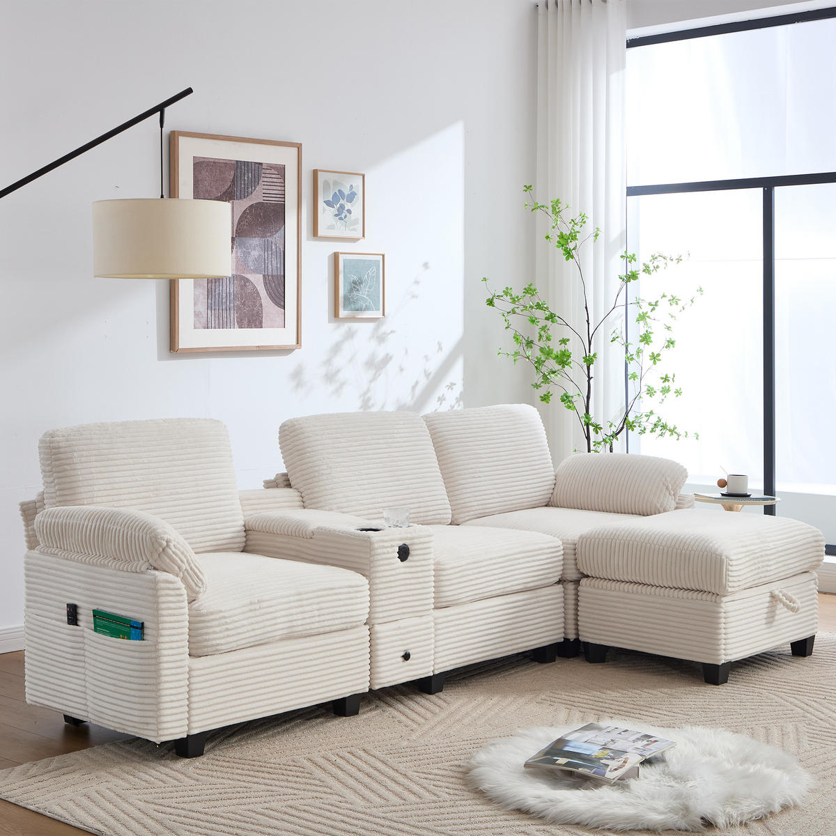 ECKSOFA L-Form mit verschiebbarer Mittelkonsole & USB-C-Anschluss Beige 266/136/82 cm - Beige, Textil (266/136cm) - OKWISH