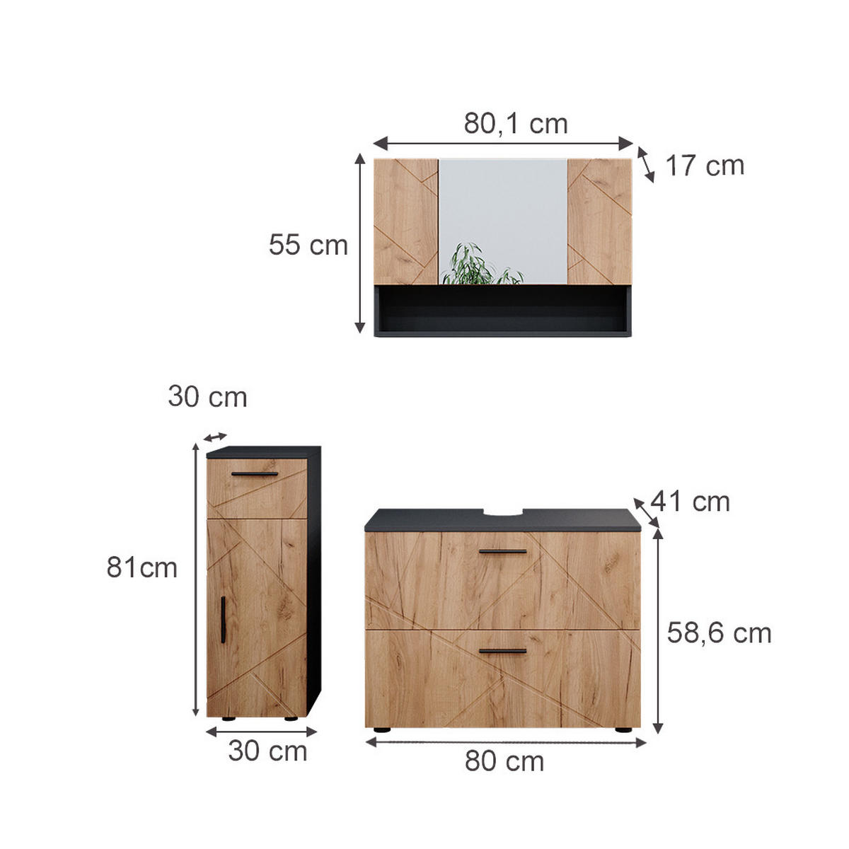 BADMÖBEL-SET Irma Goldkraft Eiche/Anthrazit 3 Teile - Anthrazit/Eiche Wotan, Holzwerkstoff (80/58.6/41cm) - Vicco